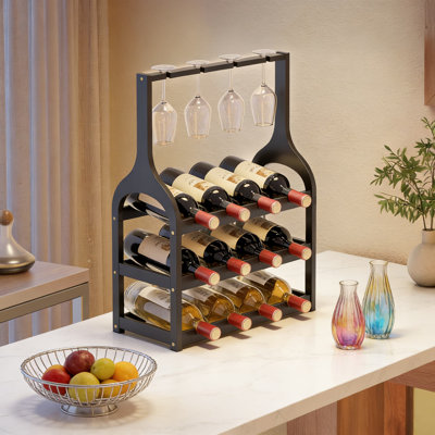 Bamboo Wine Rack For 12 Bottles And 4 Glasses, Free Standing Countertop Tabletop Display, Wine Storage Organizer For Kitchen, Bar, Pantry, Or Dining R