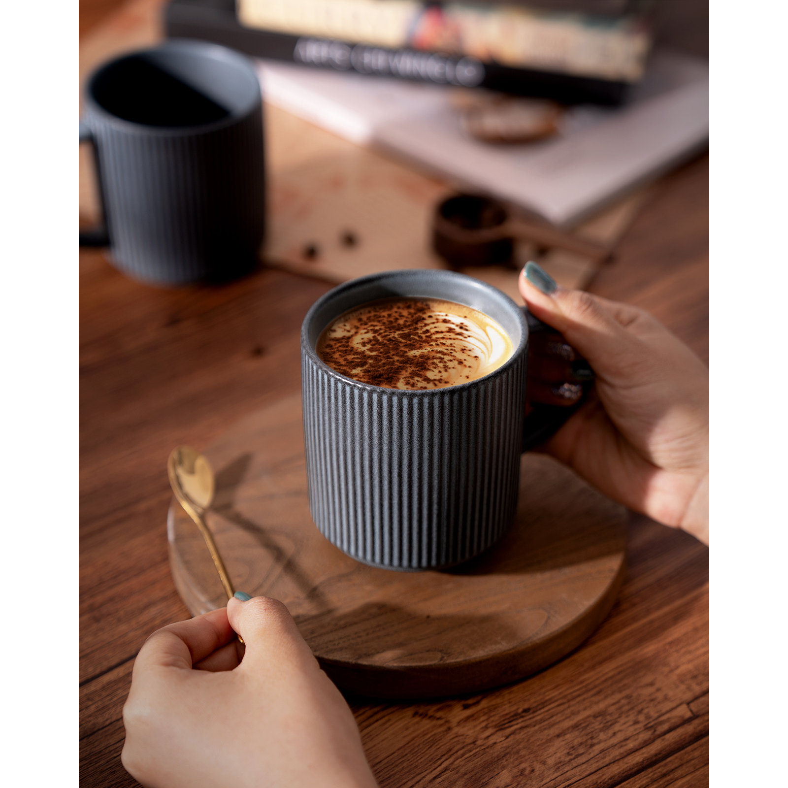 Azal Stoneware Coffee Cup, Matte Dark Charcoal