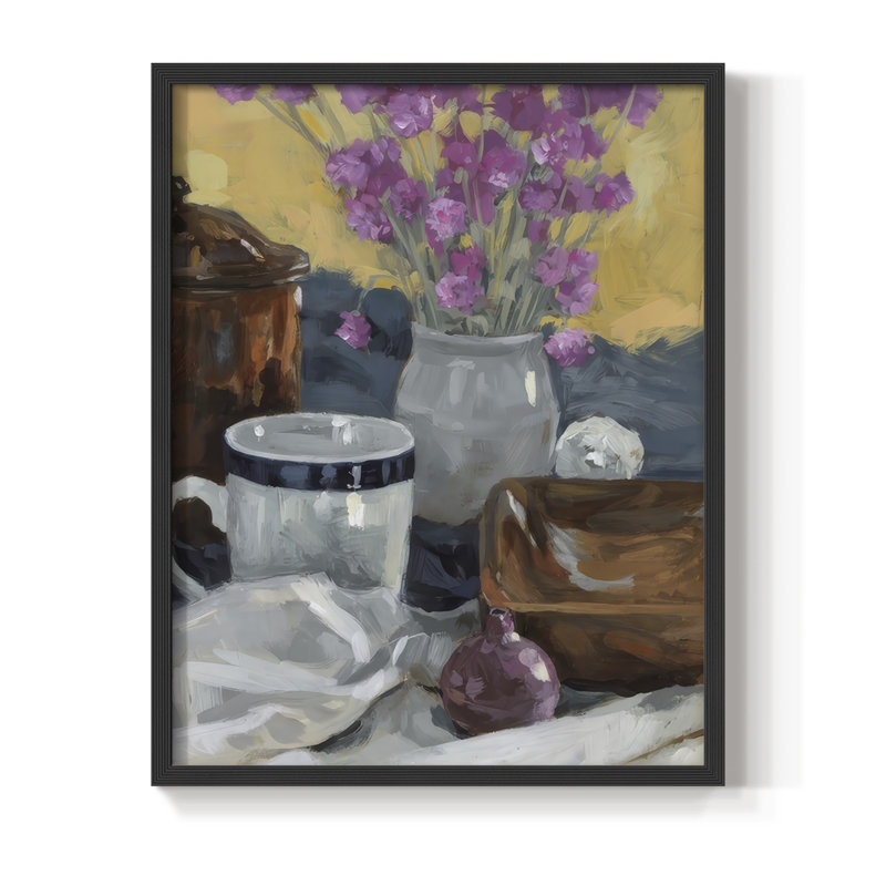 Nature morte avec fleurs séchées II, reproduction encadrée - bois massif, Noir, noir, noir, noir, H 11 po x l 9 po