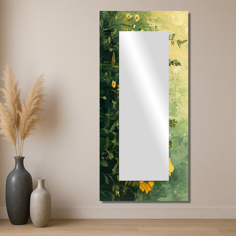Été fleurs sauvages dans les tons verts et jaunes II - Art mural miroir floral - imprimé sur métal, 28 po x 60 po