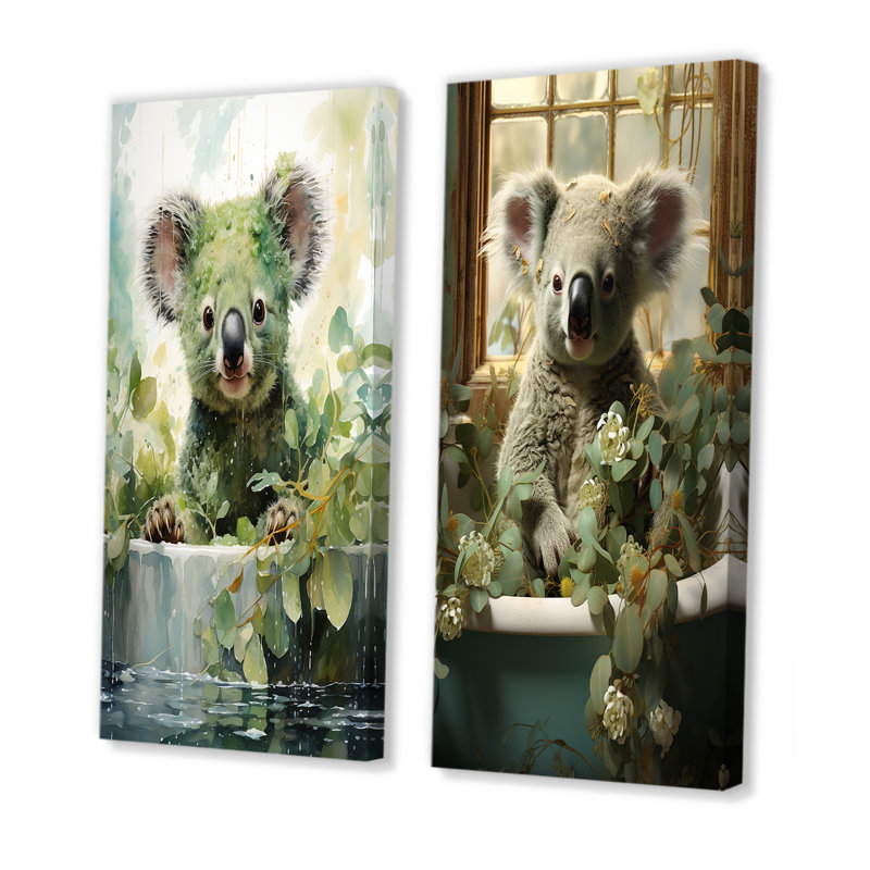 «Bathroom Curious Koala Bathtime», ensemble d'art mural sur toile 2 pièces, H 28 po x l 25 po, Toile tendue