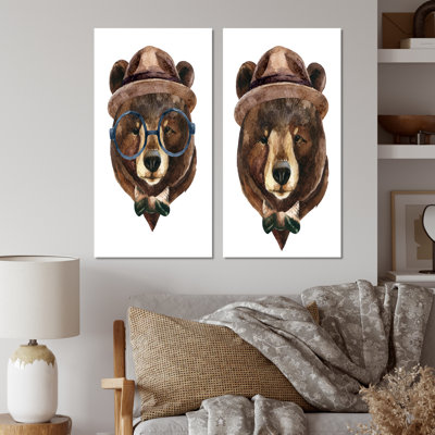 Portrait d'un ours avec lunettes - ensemble de 2 peintures sur toiles