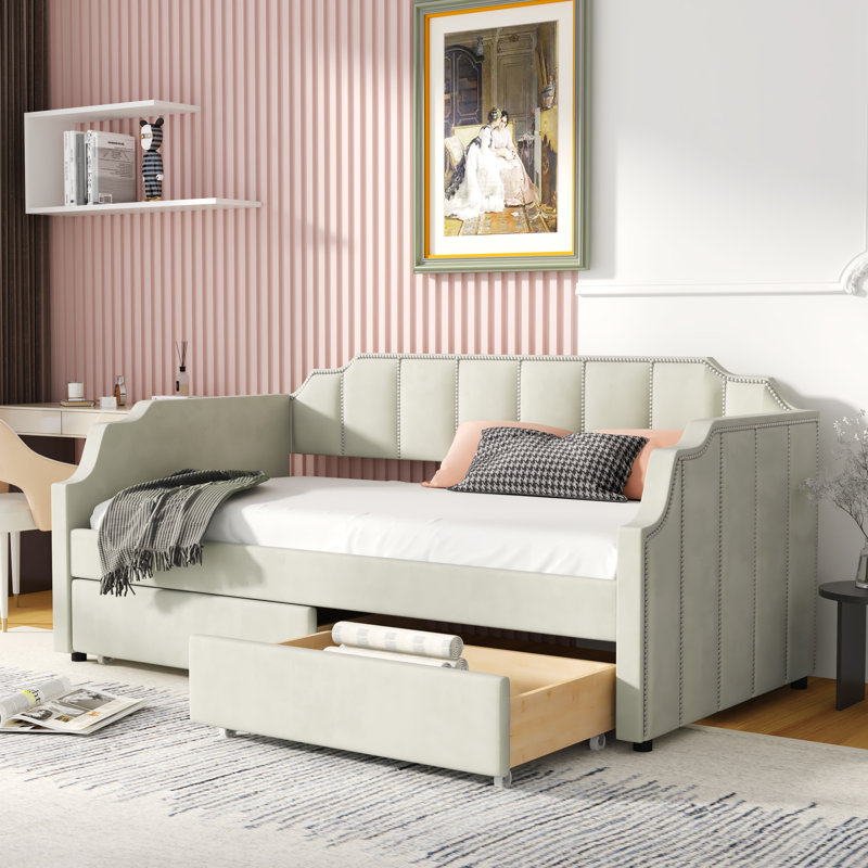 Reetal Twin Size Upholstered Daybed With Drawers, Beige
