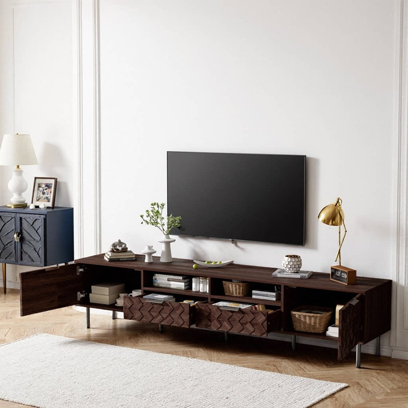 Meuble télé 78 po pour téléviseur de 85 po ou moins | Meuble audio-vidéo avec motif en losange 3D entrelacé | Charnières à fermeture en douceur et gestion des câbles | Console média pour salon en fer | Brun foncé