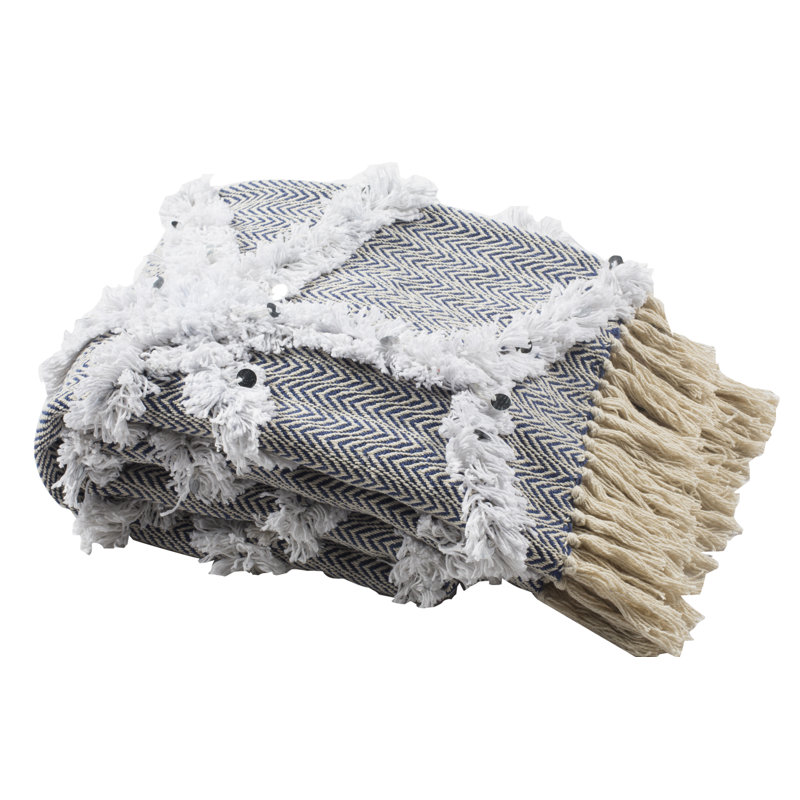 Gray Cotton Chevron Fringe Throw Blanket with Sequins