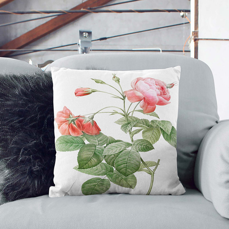 Boursault Rose In Pink Floral Square Throw Cushion, 55cm H x 55cm W x 20cm D, White