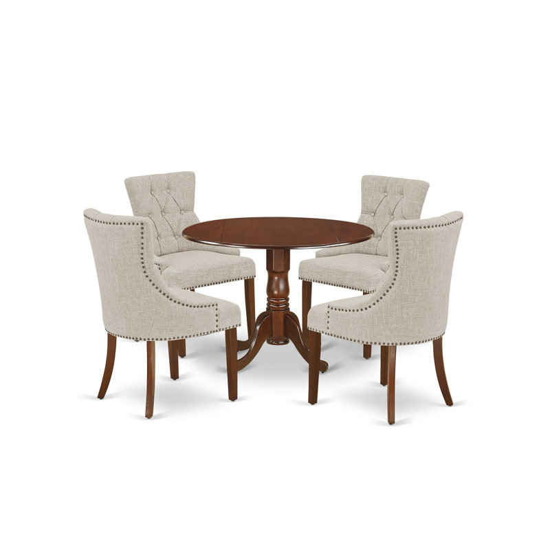 5 Piece Dinette Set for 4 Includes a Round Dining Room Table with Dropleaf and 4 Doeskin Linen Fabric Parson Dining Chairs, Mahogany