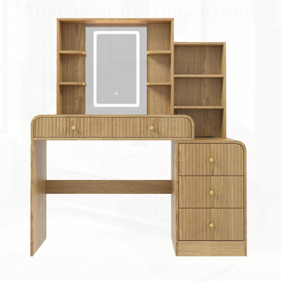 Grand bureau de coiffeuse avec miroir et lumières, coiffeuse cannelée avec 5 tiroirs et tablettes de rangement ouvertes, station de recharge