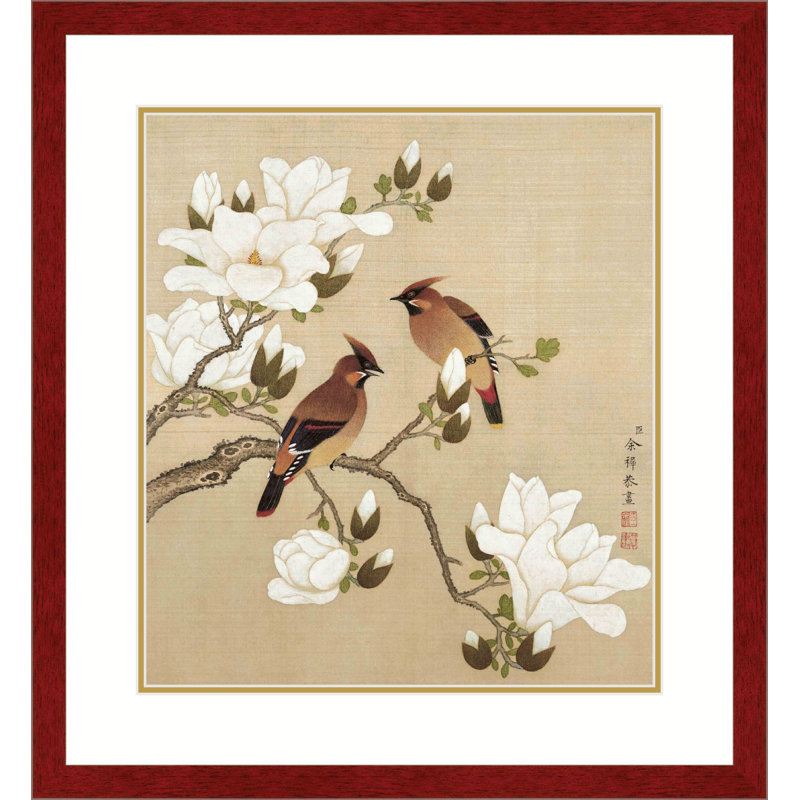 Magnolia and Rosefinches by Yu Zhi - Single Picture Frame Print, 17.5" H x 13.5" W x 0.94" D, Cherry