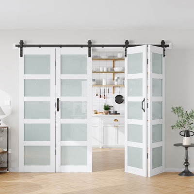 Glass And Solid Manufactured Wood Bi-Fold Barn Door With Installation Hardware Kit