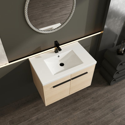 Comptoir de lavabo de salle de bain - Meuble-lavabo en chêne de 76 cm avec armoire en résine