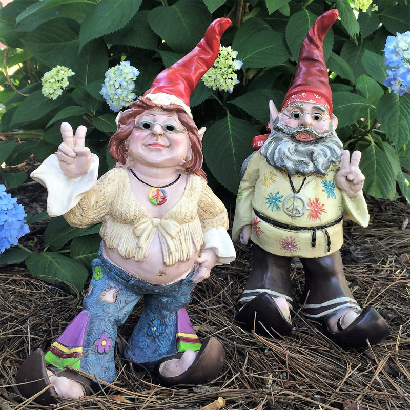 Ensemble de statue de jardin 2 pièces hippie jerry "paix man" et janice " Nowaday Gnome