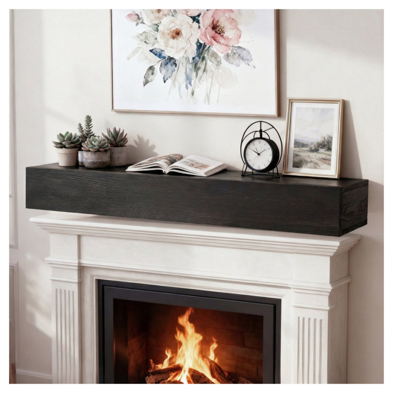 Tablette de cheminée 60 po en bois massif rustique avec cadre flottant mural noir, 6.69" H x 62.6" W x 12.2" D, Black
