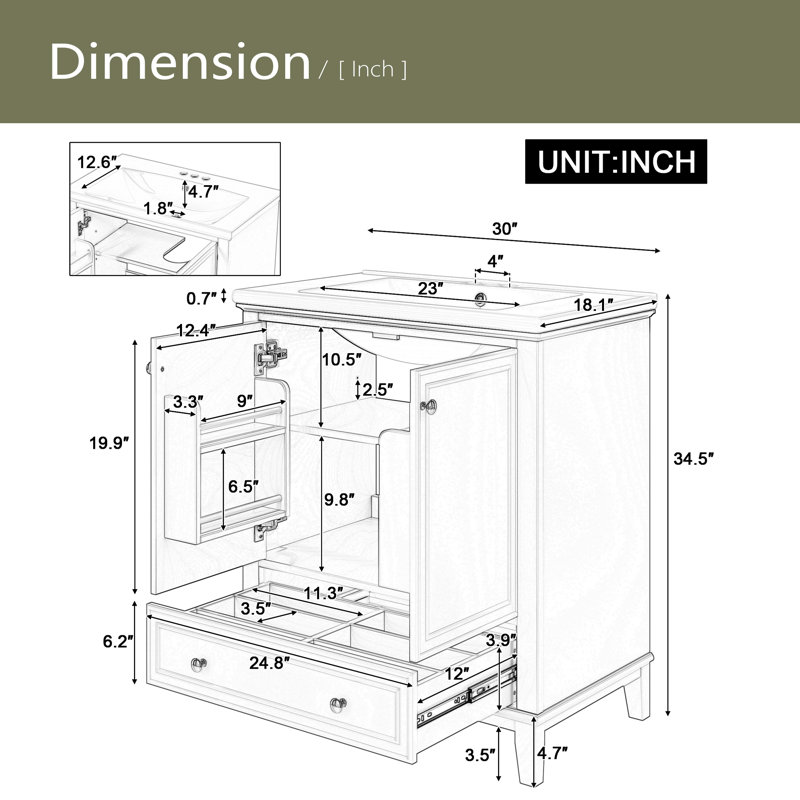Ensemble de meuble-lavabo 30 po avec lavabo, armoire de salle de bain multifonctionnelle avec portes et tiroir, structure solide et panneau de fibres à densité moyenne