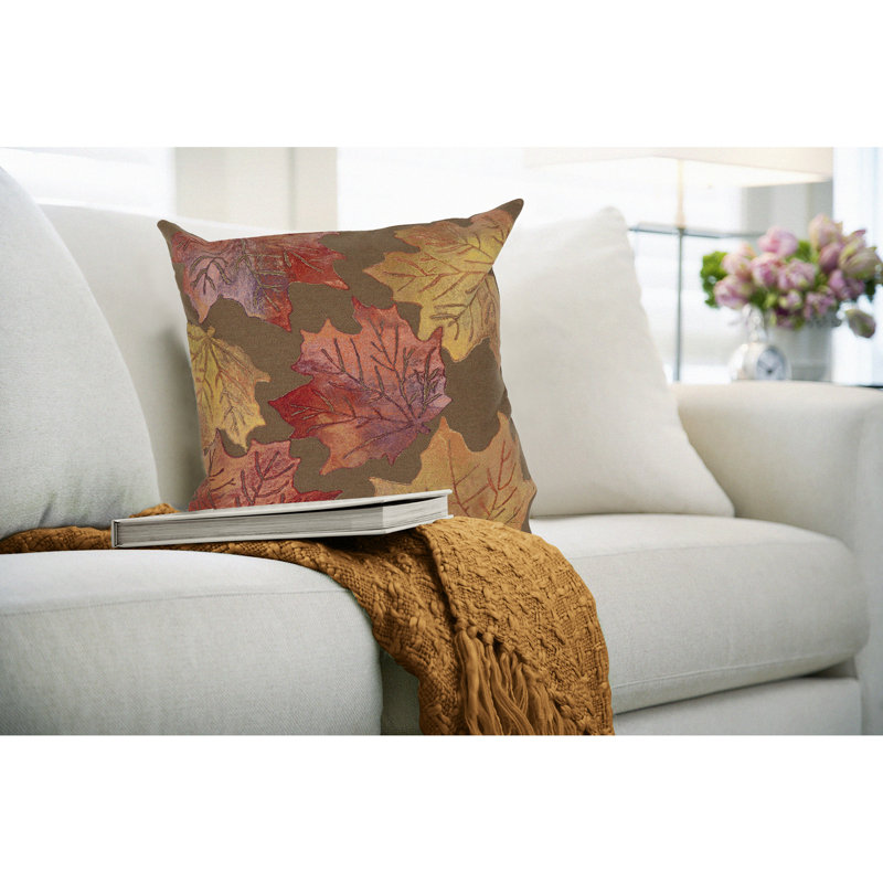 20" Square Caramel and Orange Polyester Leaf Toss Pillow