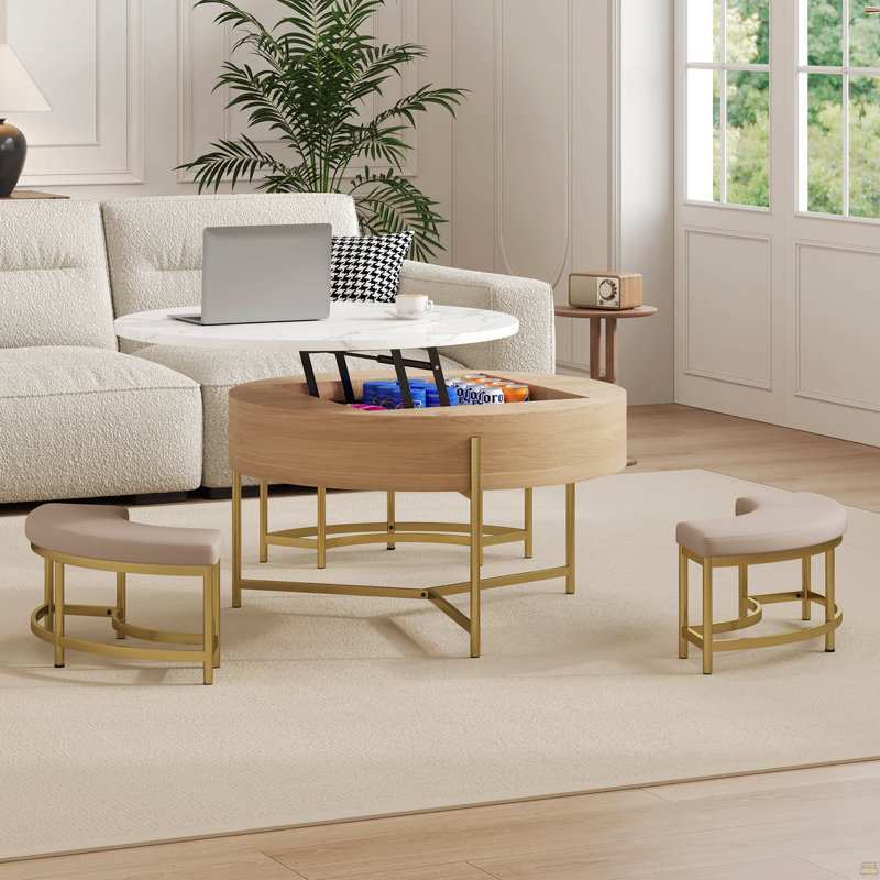 Table basse à plateau relevable moderne avec rangement et 3 repose-pieds
