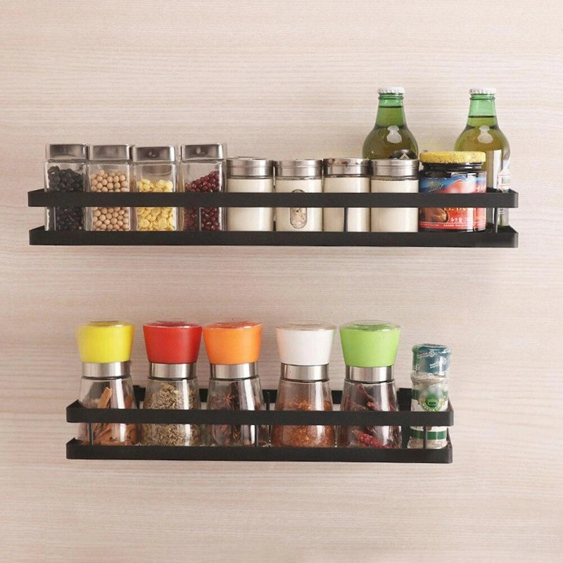 Wall Stainless Steel Spice Rack, Black, 7cm H x 40cm W x 12.5cm D