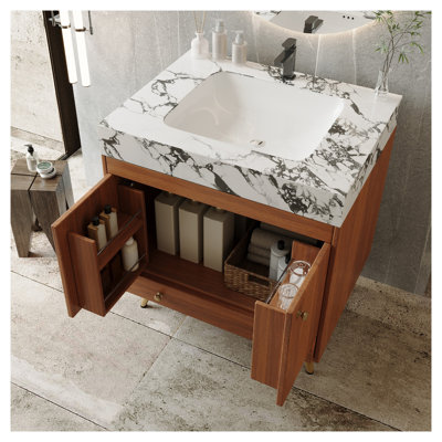 Meuble-lavabo moderne 30 po avec plateau en faux marbre, meuble autoportant à pieds dorés et lavabo en céramique