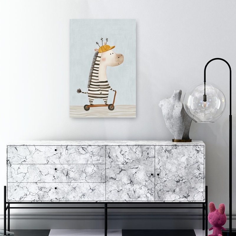 Cute Zebra On Scooter Playful Whimsical Contemporary Zebra Horse Wall Art Print by Mathieu - Wrapped Canvas Print