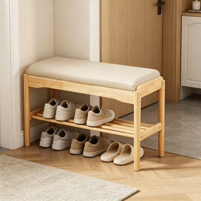Banc à chaussures en bois massif avec coussin, rangement à chaussures à 2 niveaux pour vestibule, 31,5 po, bois d'hévéa