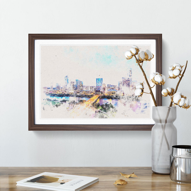 Austin Texas Skyline Watercolour - Single Picture Frame Print on MDF, 36cm H x 48cm W x 2cm D, Walnut Framed