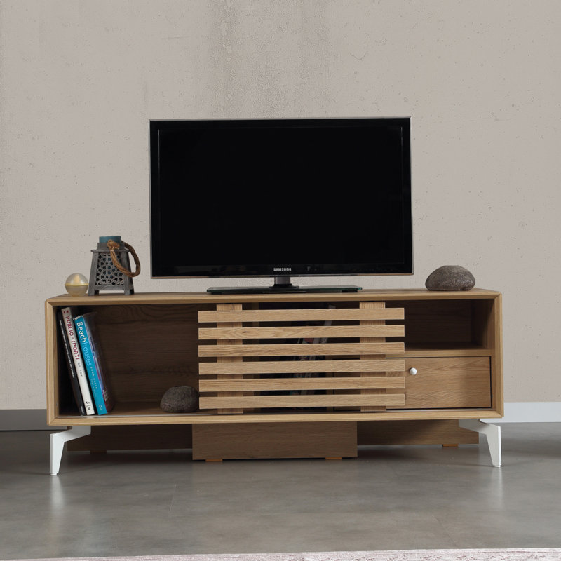 Modern Oak TV Stand with Metal Legs, 49.2 x 19.7 x 16.1 inches | 100% Melamine Coated Particle Board, Thickness: 0.7 inches | Scandinavian Design, Stylish & Durable | Perfect for Living Room & Entertainment Spaces