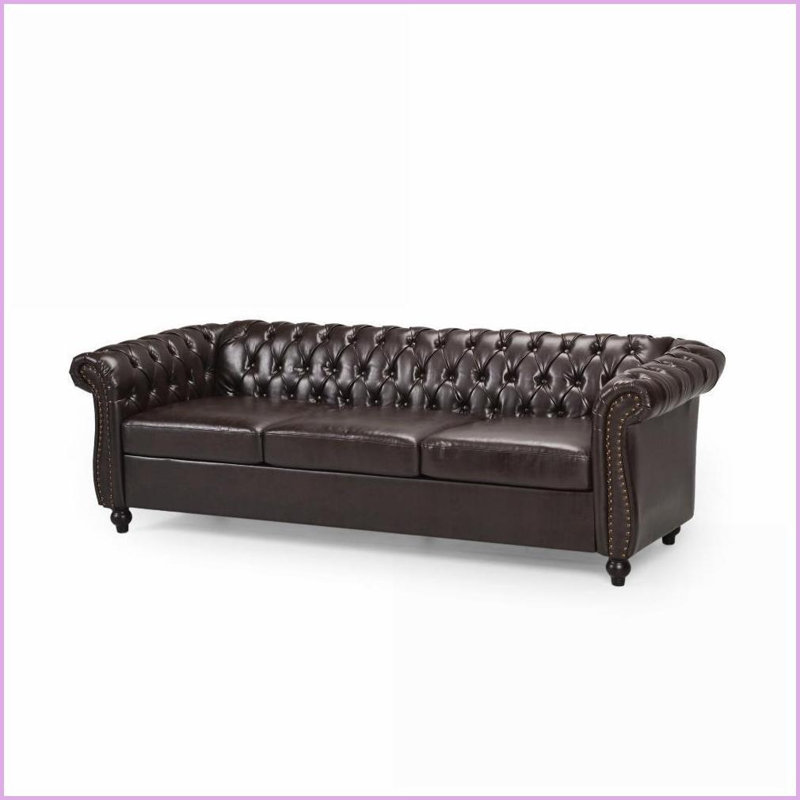 Canapé Chesterfield classique 3 places - profil bas pour petits espaces, capitonnage à boutons, détails cloutés | Brun | Polyuréthane | Accoudoirs roulés