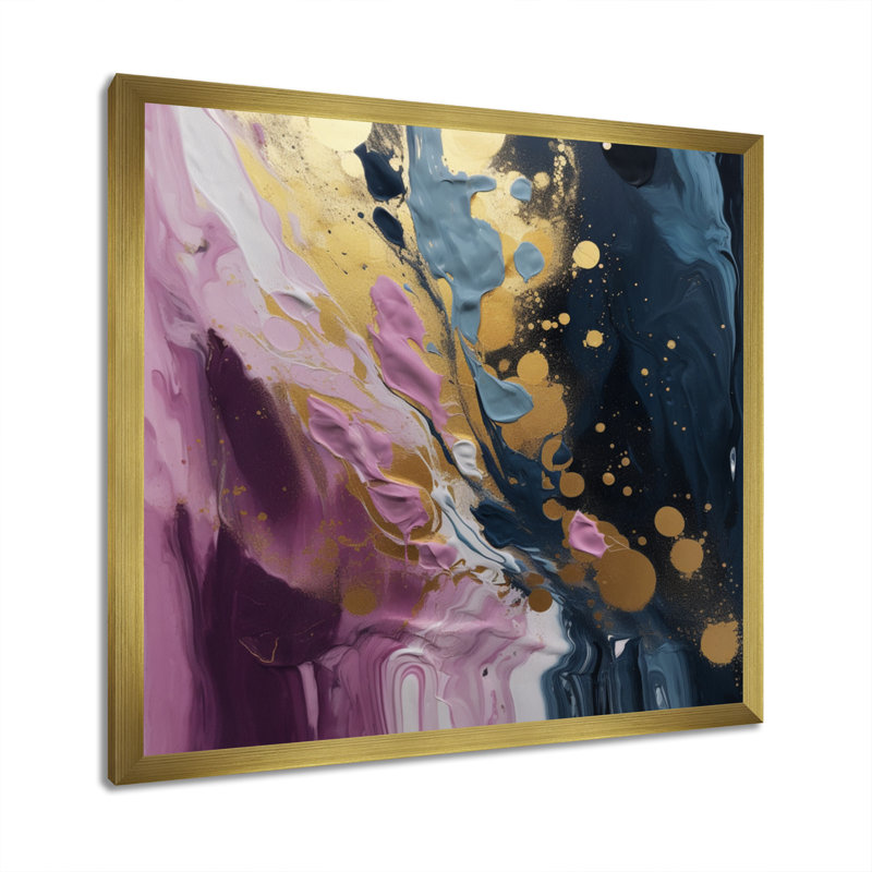 Mauve et bleu mouvements en peinture III - peinture abstraite, art mural, Encadrement doré, H 30 po x l 30 po x P 1 po