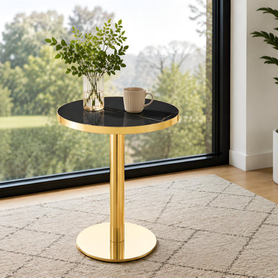 Modern Small Dining Table, 23.6" Round Dining Table With Gold Stainless Steel Edge, Sturdy Metal Base, Space-Saving Kitchen Table For Apartment, Breakfast Nook & Dining Area