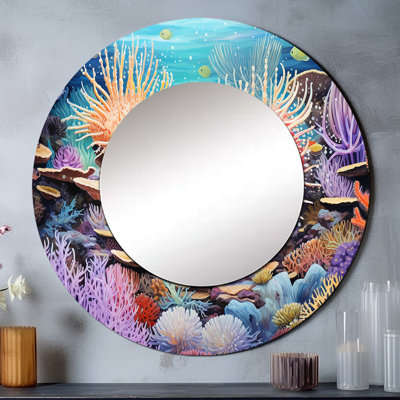 Couronne anémone bleue et mauve Shalo - miroir corail, miroir mural rond rose, impression sur métal