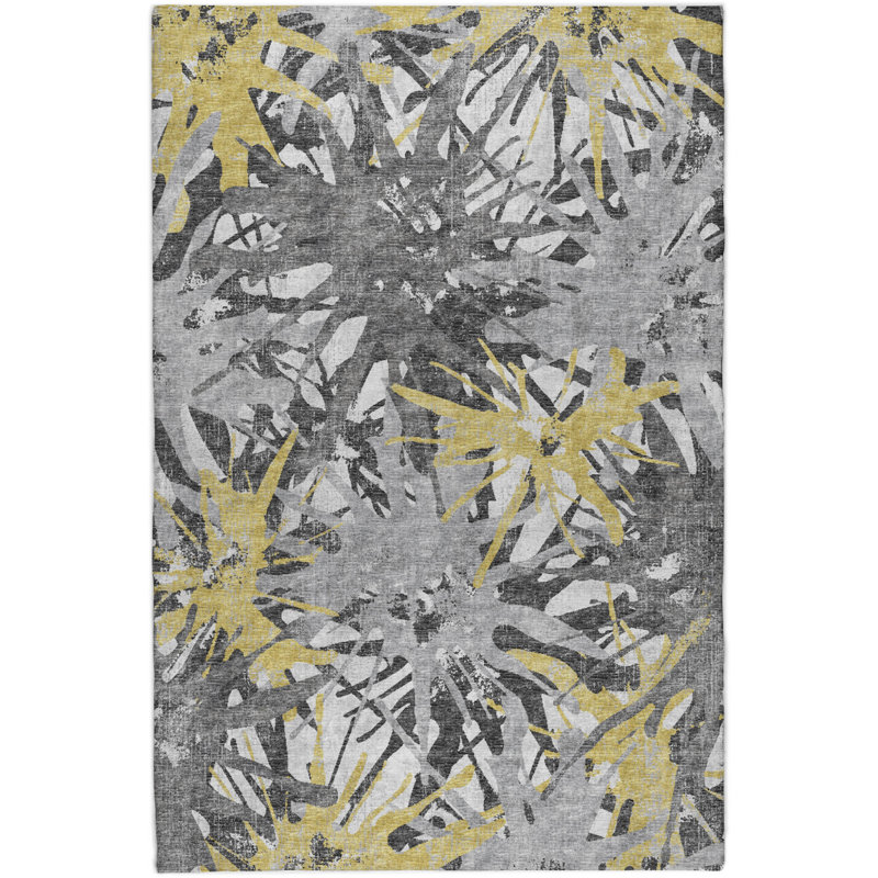 Premium Machine Washable Dream Shag ADS77 Tropical Rug, 3' x 5', Gilded