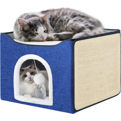 Cat Bed For Indoor Cats With Large Replaceable Scratch Pad, Cat Cave With Hanging Toy Ball, Foldable Cat Hideaway, Covered Cat Bed Cave For Cat House