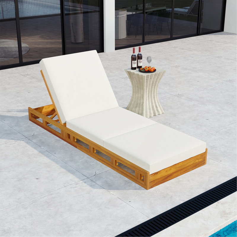 Lounge Chaise Set, Acacia Solid Wood With Lounge Cushion (Cream & Triple Fold) , Cream