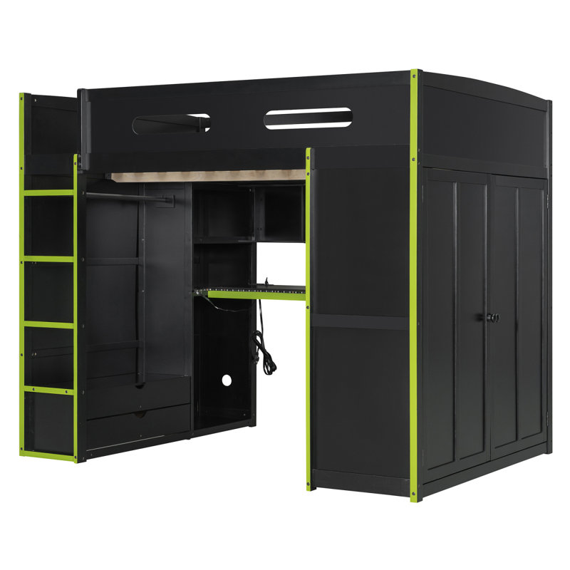 Lit mezzanine double en bois avec bureau, garde-robe, grand espace de rangement et lumière RVB verte (ANCIEN SKU: LT000261AAG)