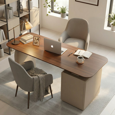 63" Modern Two-Tone Reversible Executive Desk with Wood Veneer Top, Curved Lacquer Cabinet & 3 Drawers