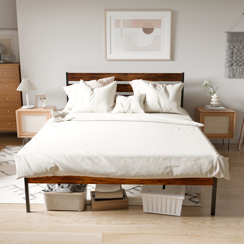 Queen Size Rustic Wood Headboard Platform Bed Frame, No Box Spring Needed