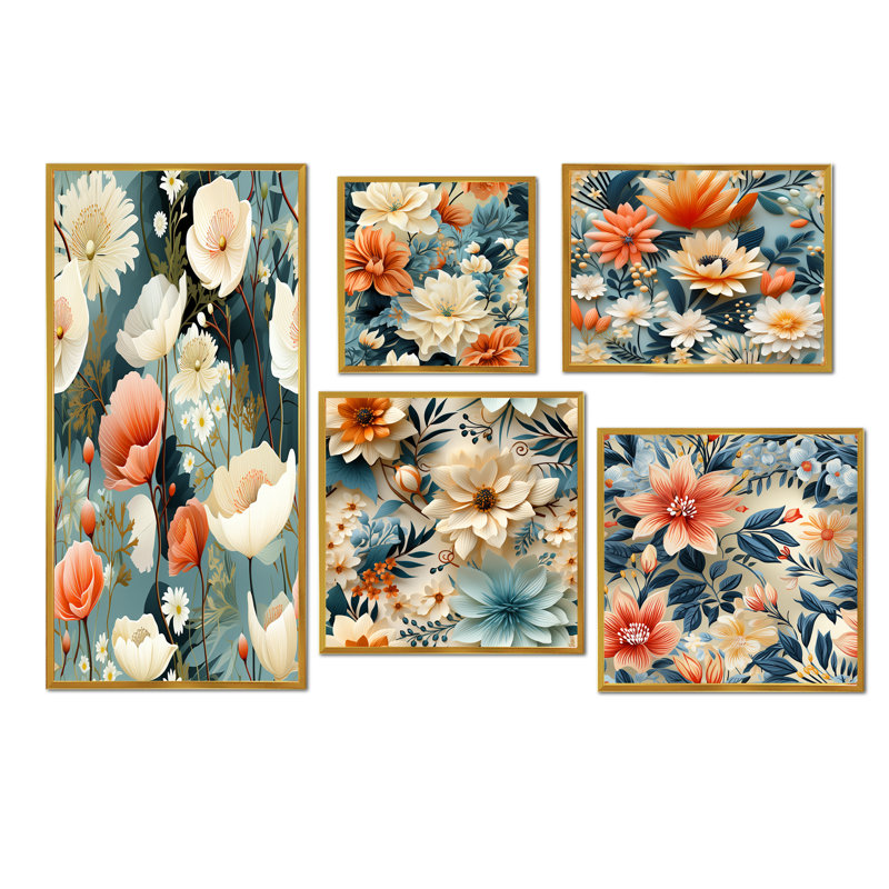 Herblay - Ensemble de 5 impressions sur toile florales, Cadre flottant doré