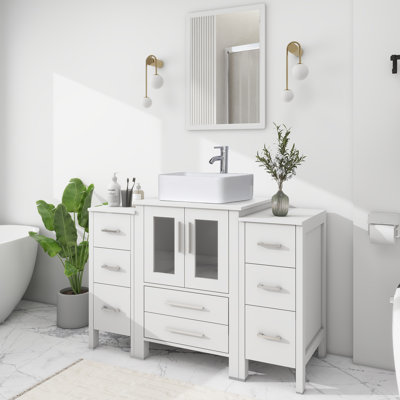Sharee Freestanding Single Bathroom Vanity With Vessel Sink, Manufactured Wood Top, 2 Side Cabinets
