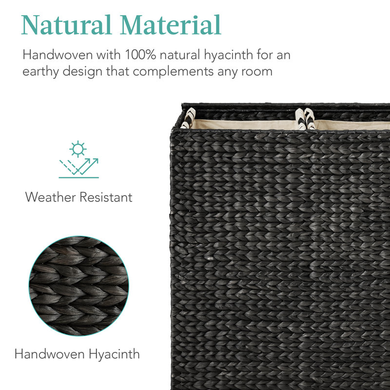 Large Black Handwoven Water Hyacinth Double Laundry Hamper