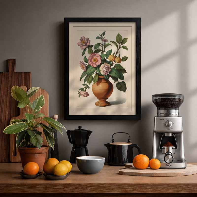 Roses in Terracotta Botanical - Framed Print, Walnut, A3 - 42.0 x 29.7 cm