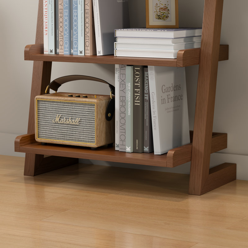 Agripina Solid Wood Ladder Shelf with 5 Tiers, Modern Leaning Bookshelf with Raised Edges for Living Room, Bedroom and Home Office