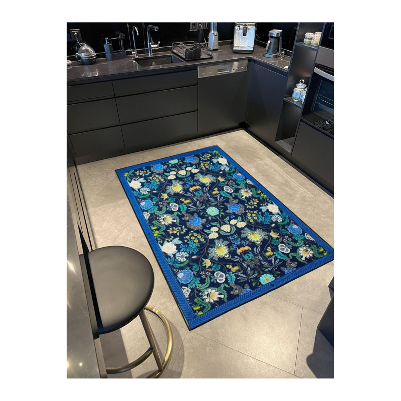 Tapis bleu à motif floral lavable à la machine, Sous-tapis carré 3 pi 3 po inclus