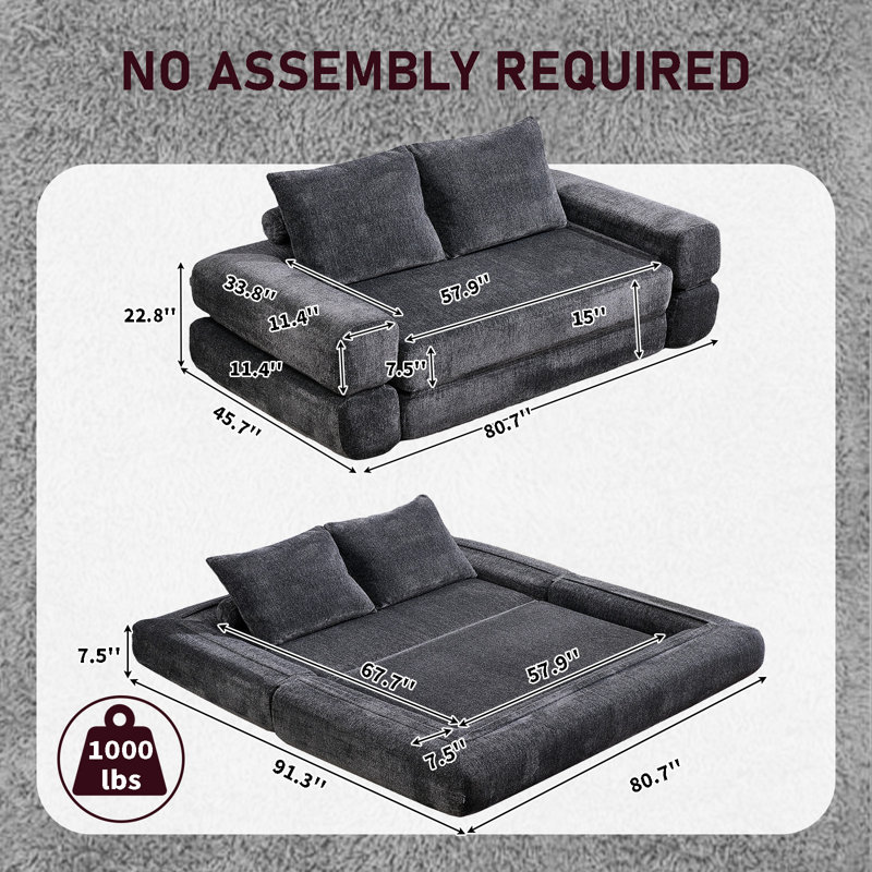 Frameless Boneless Sofa‑Bed Split‑Back Convertible Queen‑Size Sleeper Compressed Chenille Foam Couch No Assembly, Dark Gray