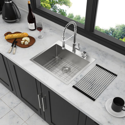 Évier de cuisine 28 po 28 po x 22 po x 10 po - Simple cuve en acier inoxydable, calibre 16 T304, fonctionnement silencieux, bonde à problème, coin R10, cuve en nickel brossé, système de patin de réduction du bruit de 16 g, drain non bouché