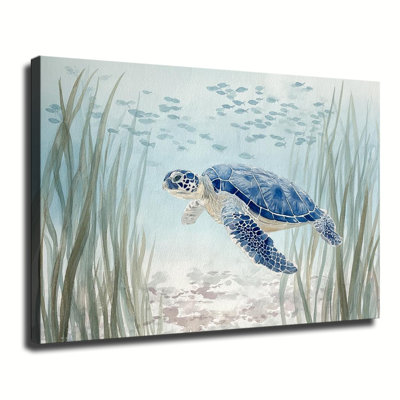 Watercolor Blue Sea Turtle Swimming Among Seagrass And Small Fish, Large Gallery Wrapped Canvas Wall Art Print For Living Room Bedroom