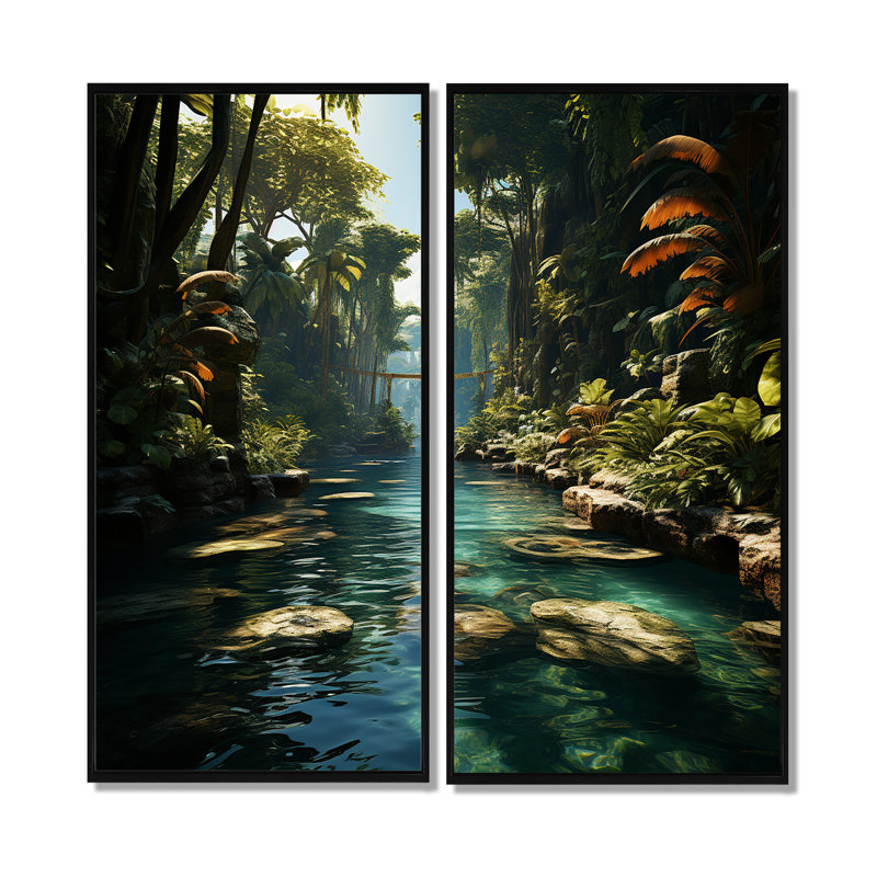 Dominicain Tropical Oasis II - ensemble d'art mural sur toile vert 2, 32" H x 32" W, Black, Impression encadrée flottante