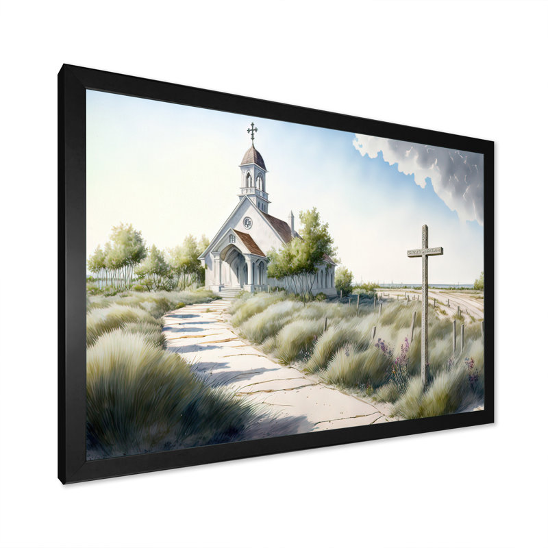 Winding Path To Church VI - Art mural sur toile spirituel, L 40 po x H 30 po, Toile avec cadre photo noir