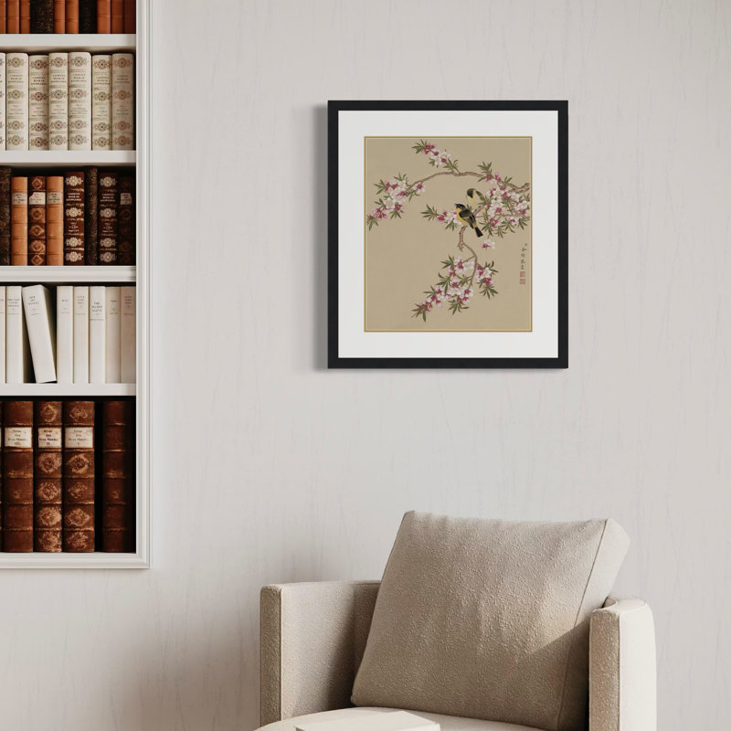 Peach Blossoms and Yellow Sparrows by Yu Zhi - Single Picture Frame Print, Natural, 17.5" H x 13.5" W x 1.3" D
