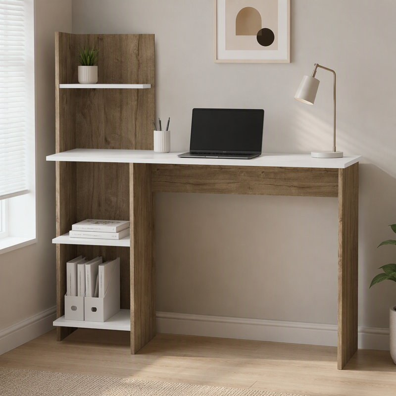 White and Pine 4-Shelf Writing Desk