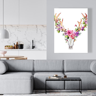 Crâne de cerf avec fleurs - Art sur toile pour la décoration intérieure